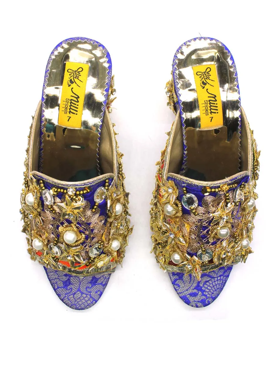 Blue Fancy Block Heel Slipper